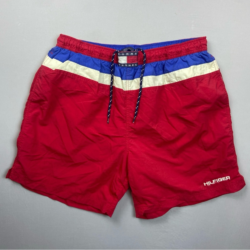 Vintage Tommy Hilfiger Y2K Swim Suit Trunks Men’s XL Red Stripe Drawstring Lined